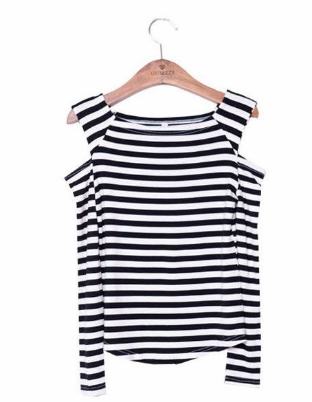 *Free Shipping* Off Shoulder Striped Color Block Round Neck Tees on Luulla