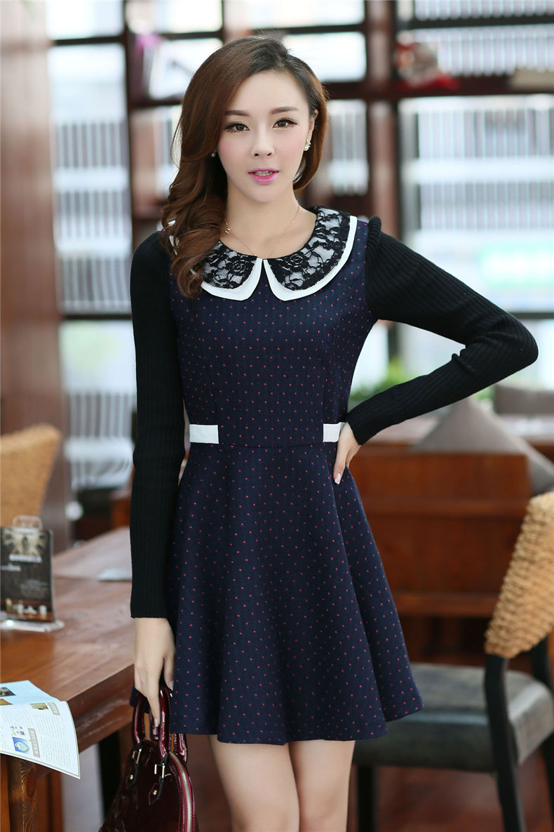 Ladies Polka Dots Lace Splice Long Sleeve Dress on Luulla