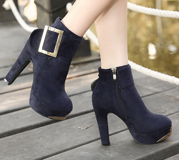 Royal Blue Metal Decoration Chunky Heel Ankle Boots on Luulla