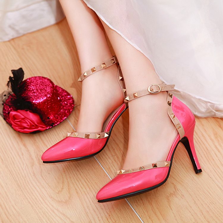 Sexy Pink Rivets Pointed Toe High Heels Fashion S