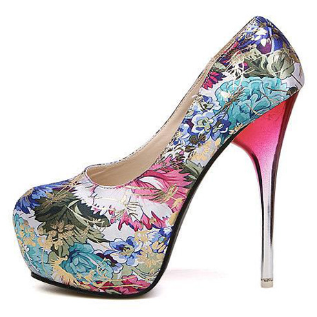 Elegant Blue Floral Design High Heel Shoes on Luulla