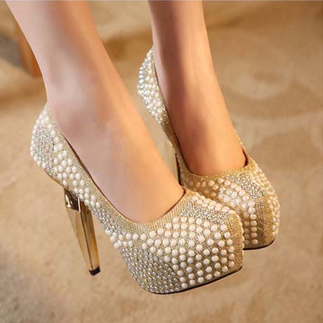 Metallic Gold Pearl Rivets High Heel Fashion Shoes on Luulla