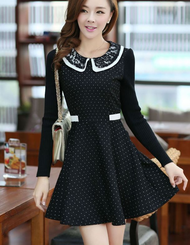 Adorable Black Lace Detail Doll Collar Dress on Luulla