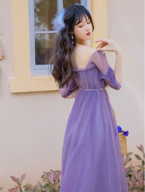 Summer Embroidery Puff Sleeve Vintage Style Purple Long Dress on Luulla