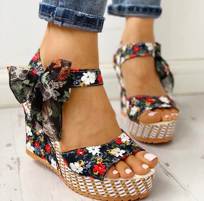 Beautiful Floral Bow Wedge Sandals on Luulla