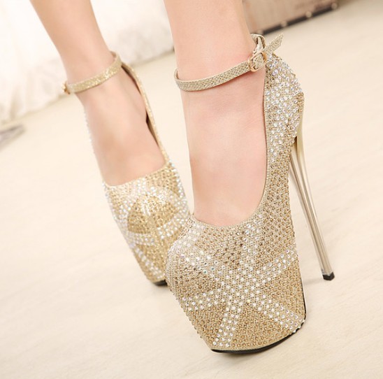 Rhinestone Design Ankle Strap Sexy High Heels Party Pumps In Gold on Luulla