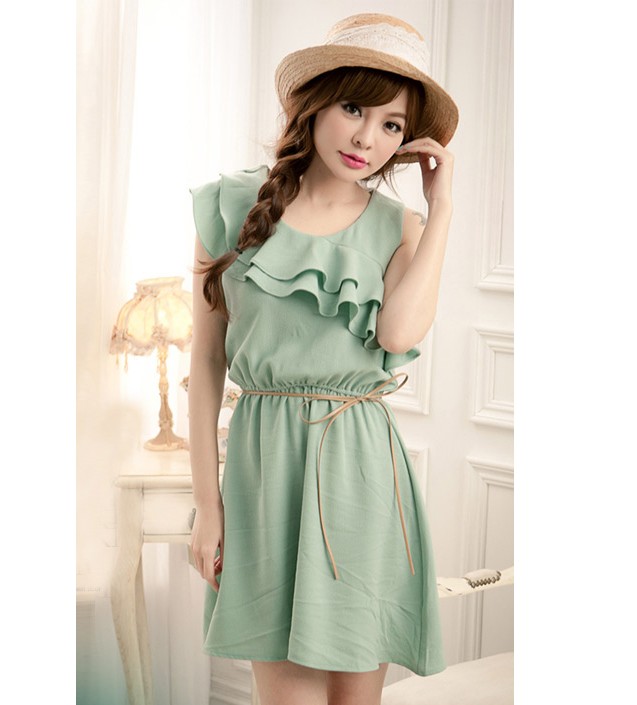 Ruffles Design Sleeveless Light Green Chiffon Dress on Luulla