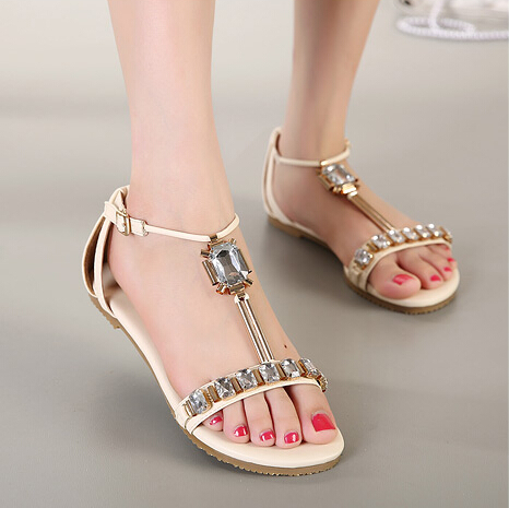 Beaded Peep Toe Flat Fashion Sandals In Metallic Gold on Luulla