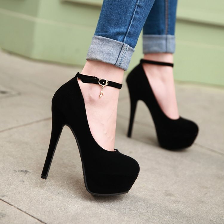 Fashion Round Toe Stiletto Heels Ankle Strap Black Pumps on Luulla