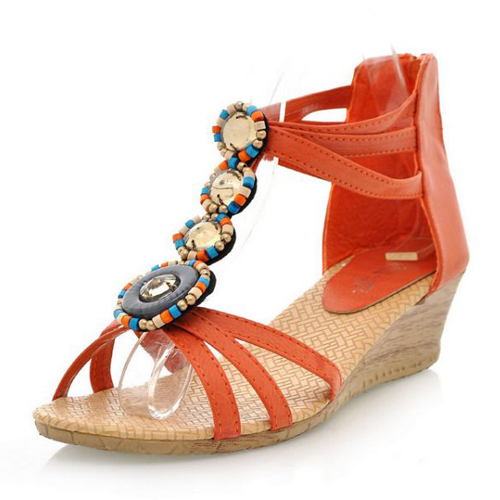 Casual Wedge Mid Heel T Strap Orange Sandals on Luulla
