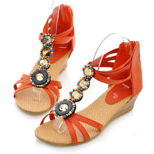 Casual Wedge Mid Heel T Strap Orange Sandals on Luulla