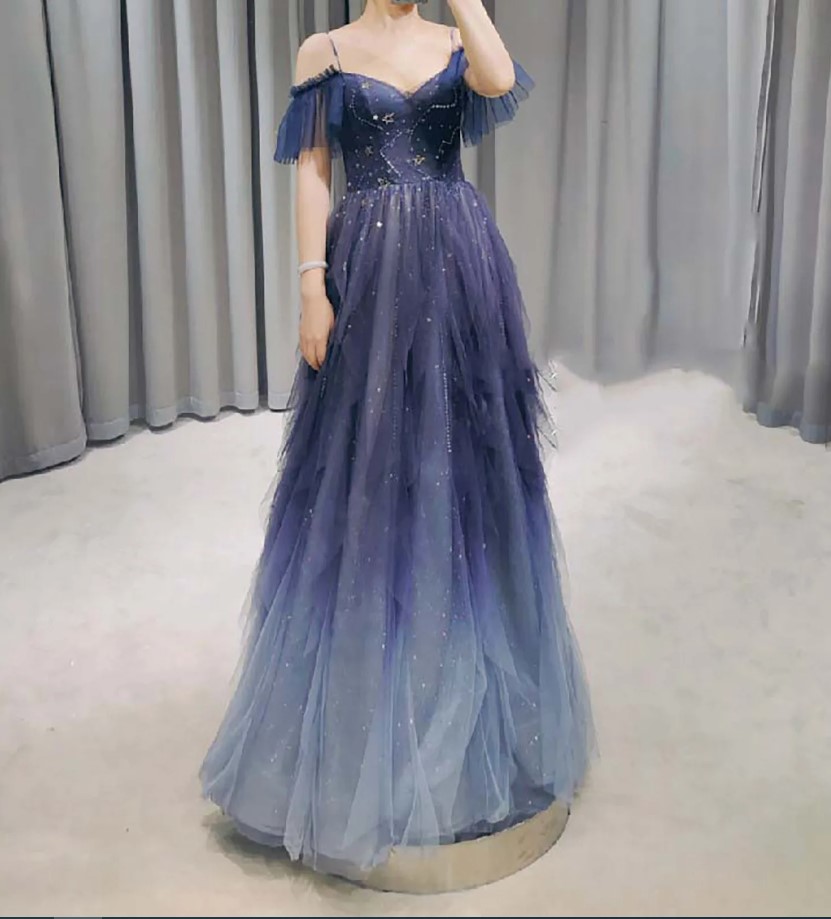 Off Shoulder Applique Long Sleeves Tulle Slit Dress Dark Navy main image 1