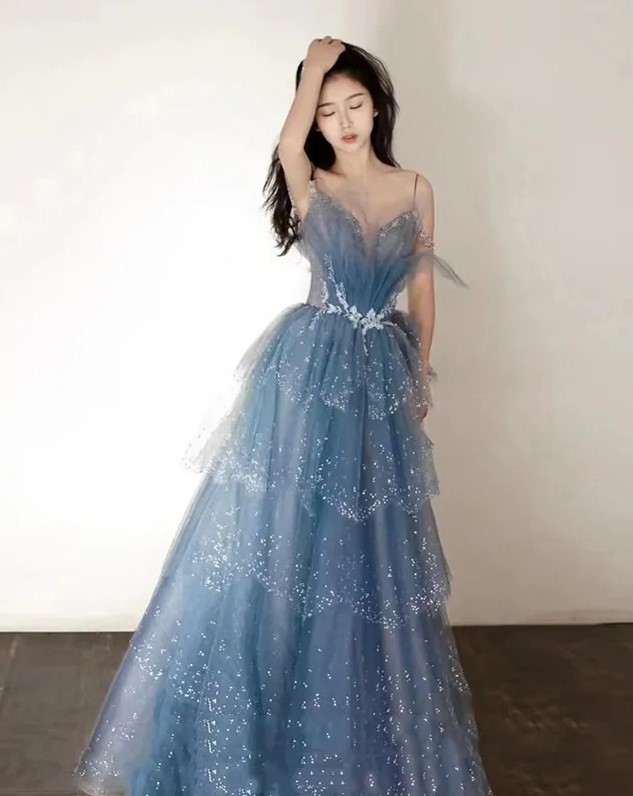 Princess Blue Strappy Embroidered Tulle Ball Gown Evening Dress cc4963 main image 1