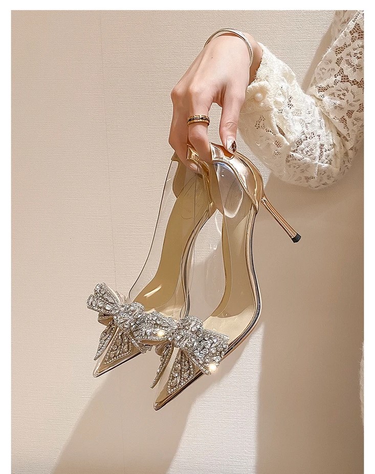 Pointed Toe Rhinestone Bow Mid Heel Pumps main image 1
