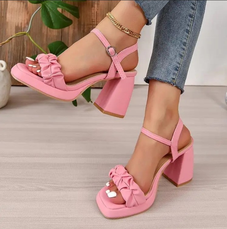 Round Head Chunky Heel Side Empty High Heels Women's Summer