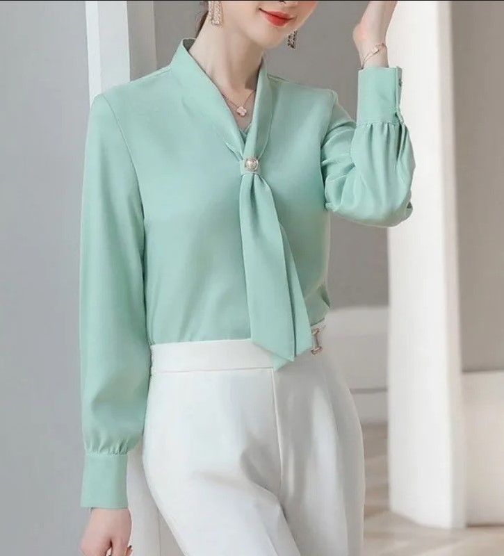 Ribbon Bowtie Collared Neck Flounce Sleeve Shirt