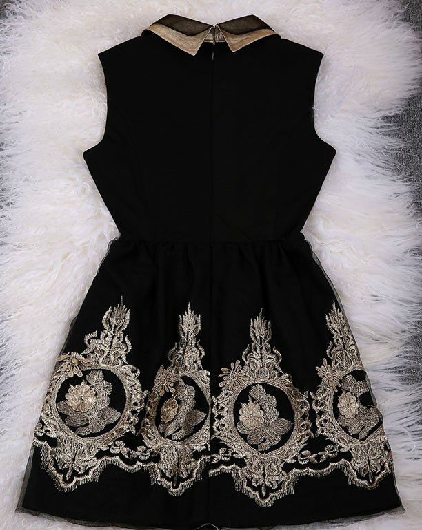 Elegant Black And Gold Lace Embroidered Party Dress on Luulla