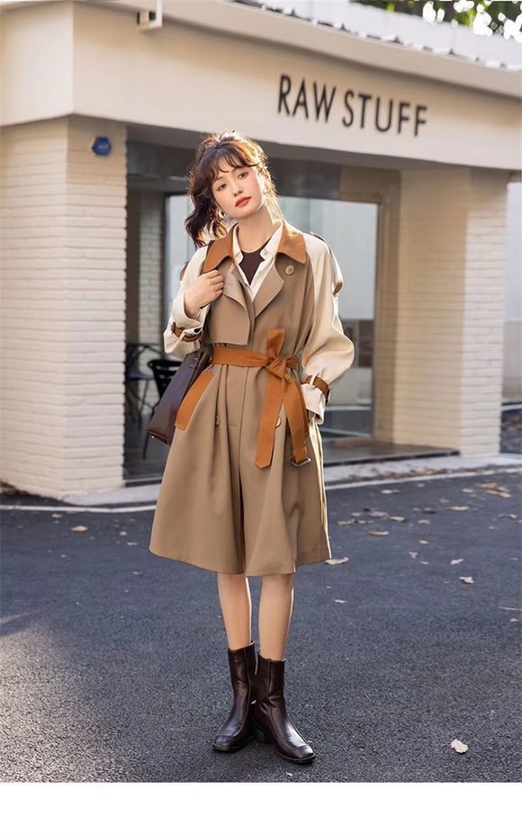 Women's Khaki Stitching Leather Loose Trench Fashion Coats main image 1