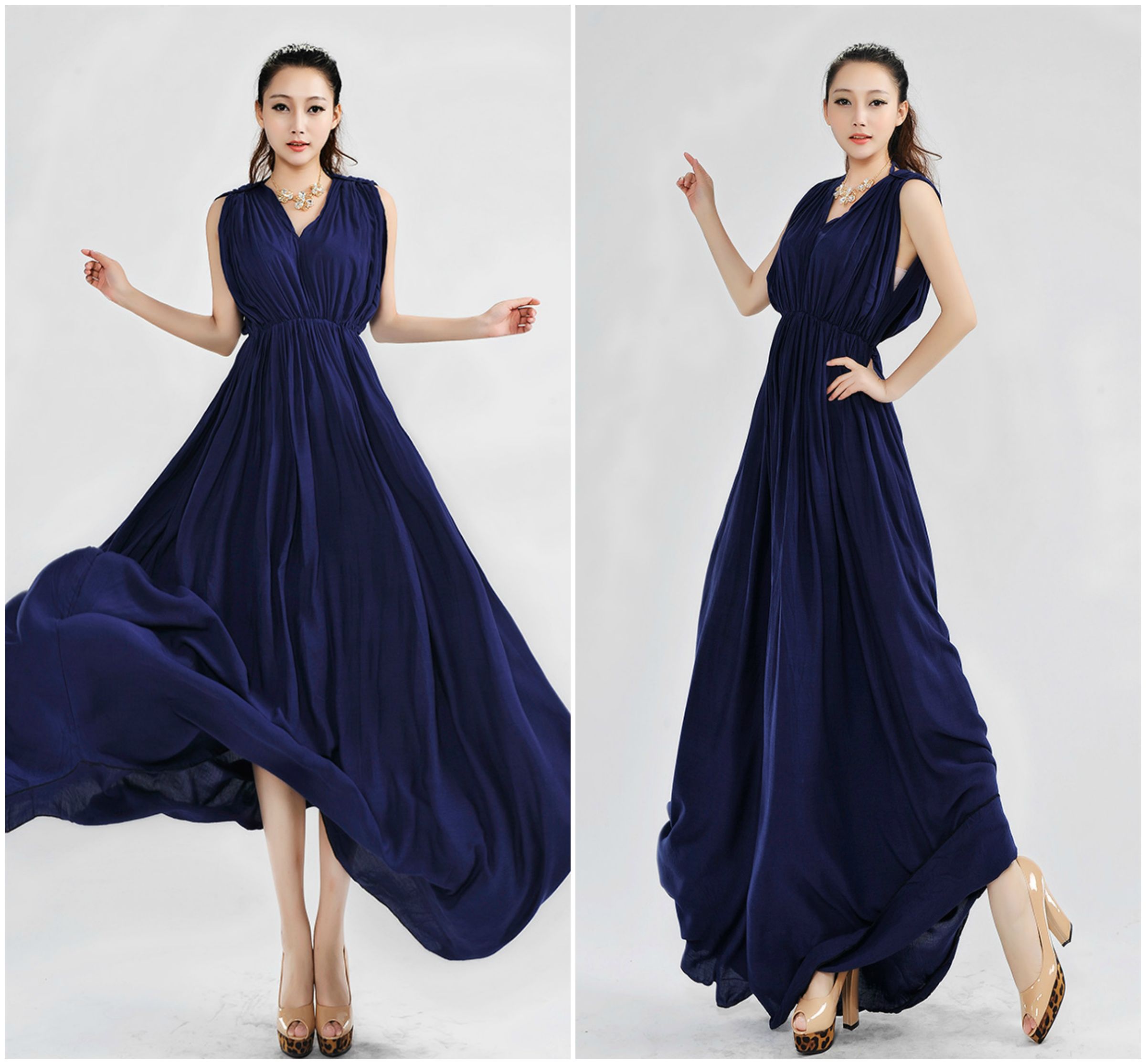 Deep Blue V Neck A Line Sleeveless Cotton Ankle Length Dress on Luulla