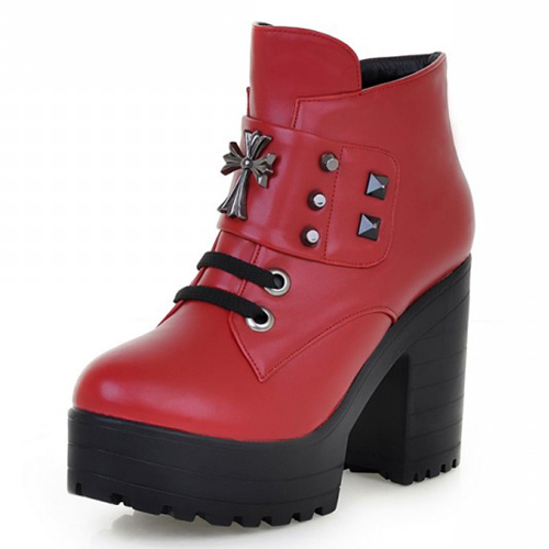 red chunky heel boot