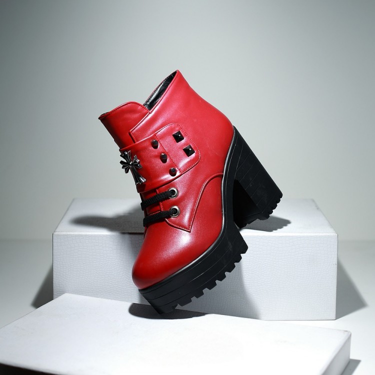 Red Chunky Heel Studded Cross Deign Boots on Luulla
