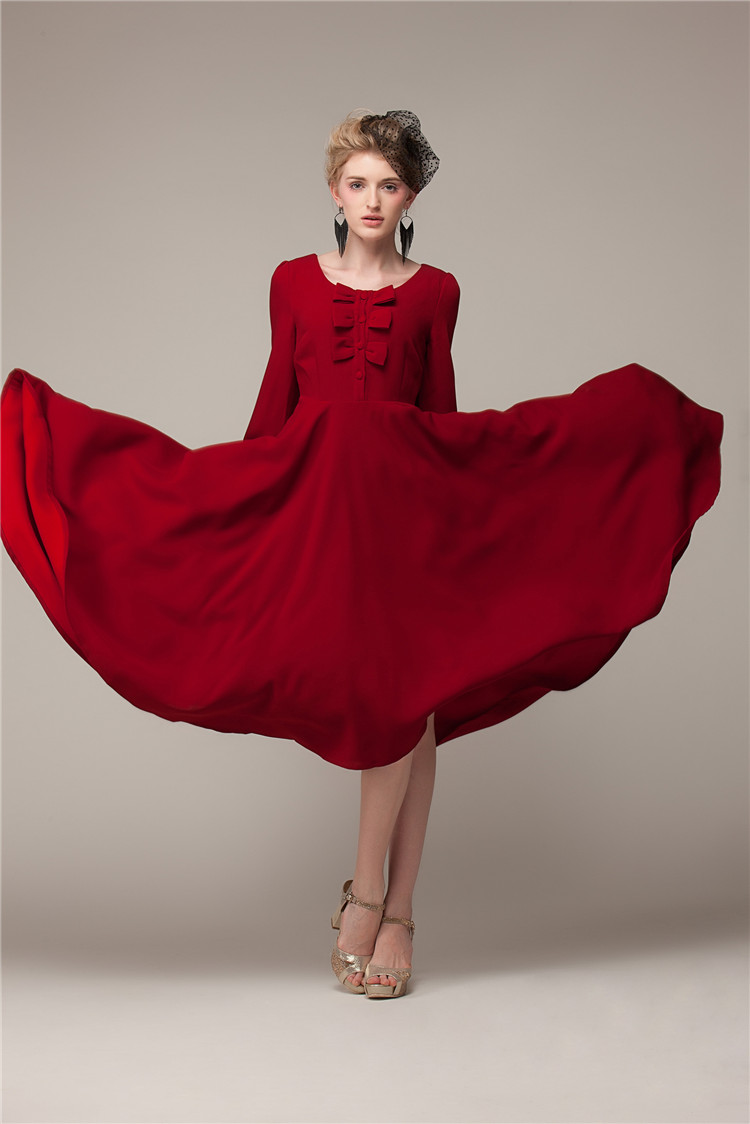 Chic Long Sleeve Wine Red Evening Dress With Bow on Luulla