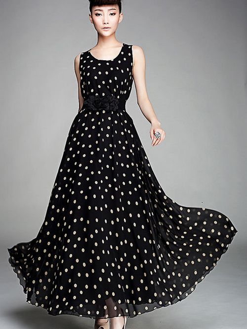 Elegant Black Polka Dots Design Sleeveless Maxi Dress On Luulla