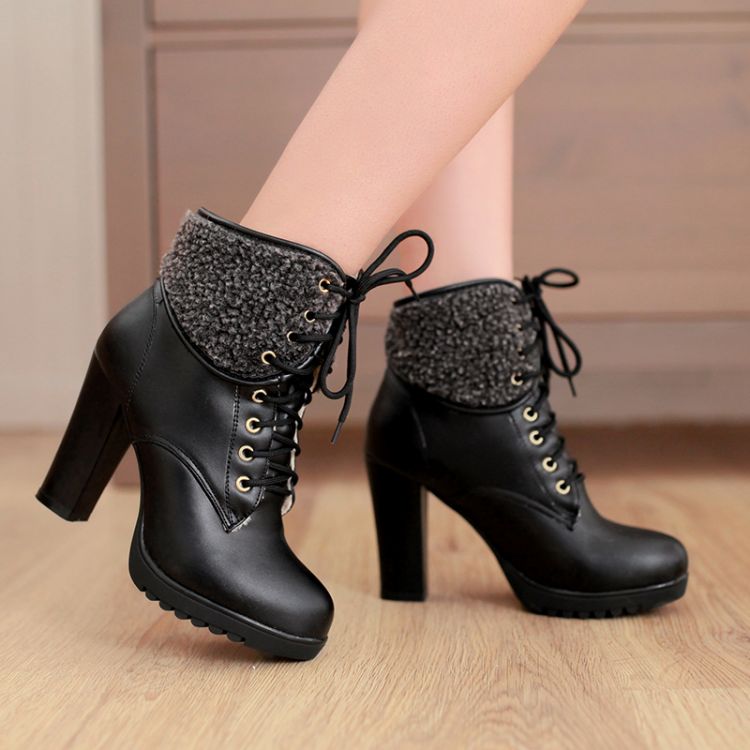 Chunky High Heel Lace Up Ankle Black Winter Boots on Luulla