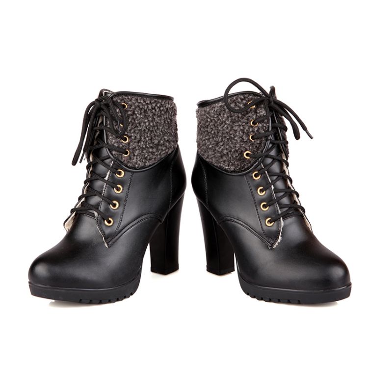 Chunky High Heel Lace Up Ankle Black Winter Boots on Luulla