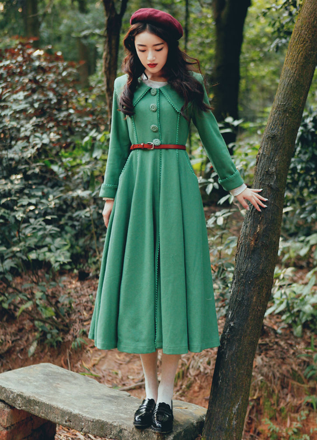 Vintage Style Long Sleeve Green Dress Coat on Luulla