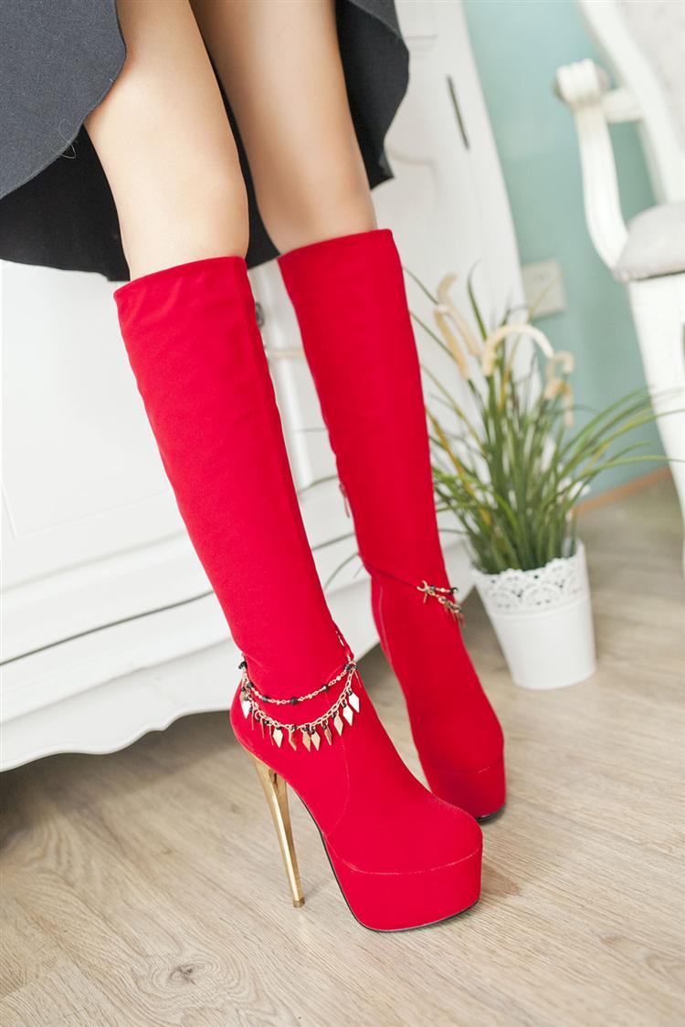 Sexy Red Mid Calf High Heel Platform Boots on Luulla