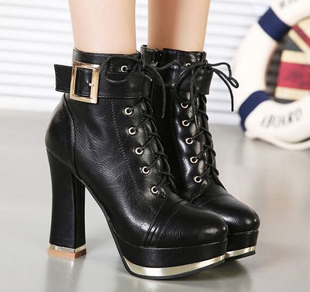 Stylish Black Lace Up Buckle Design Boots on Luulla
