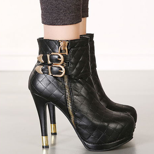 Stylish Plaid Design Black High Heels Winter Boots on Luulla