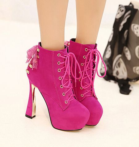Beautiful Rose Red High Heel Boots With Lace Detail on Luulla