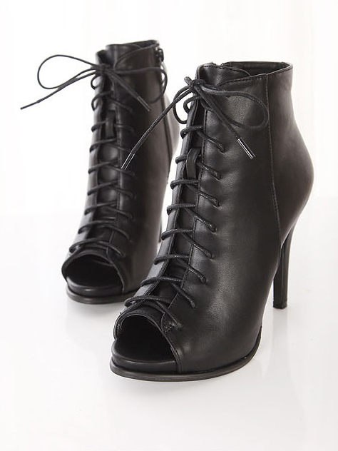black lace up high heel booties