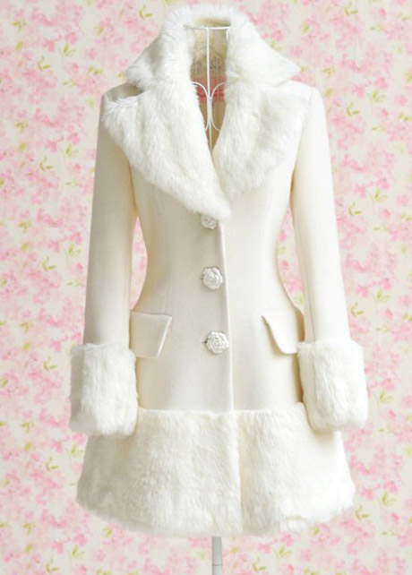 Fitted Long Sleeve White Coat With Faux Fur Decoration on Luulla