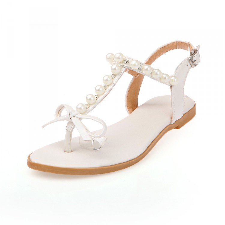 Adorable White Pearl Beaded T Strap Sandals With Bow on Luulla