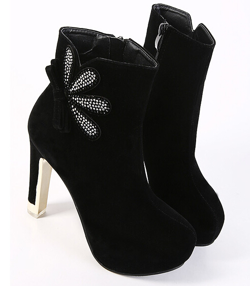 Sexy Black Rhinestone Embellished High Heel Boots on Luulla