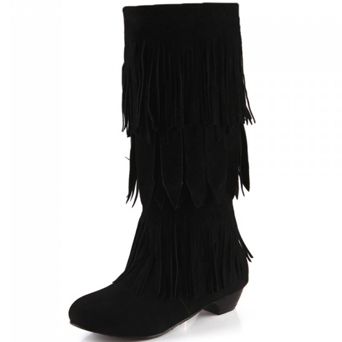 Black Tassel Design Mid Heel Slip On Knee High Black Cavalier Boots on ...