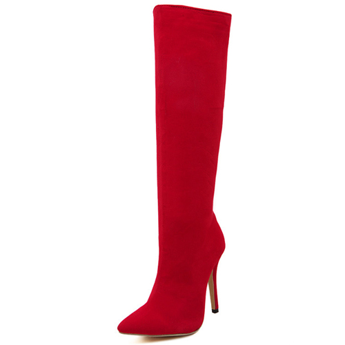 Sexy Pointed Toe Stiletto Heels Red Suede Knee High Boots on Luulla