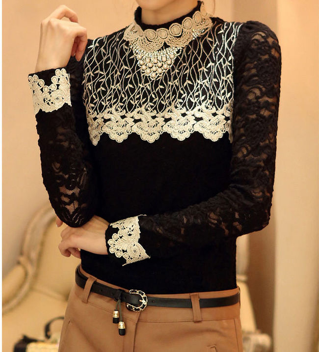 Stand Collar Black Long Sleeve Lace Blouse on Luulla