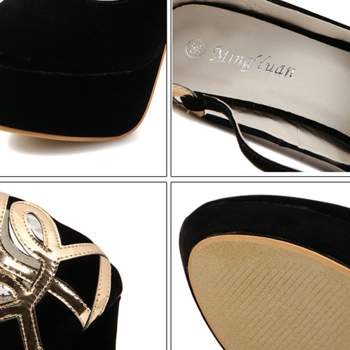 black high heels with gold ankle strap