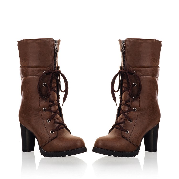 Brown Lace Up Front Zip Chunky Heel Boots on Luulla