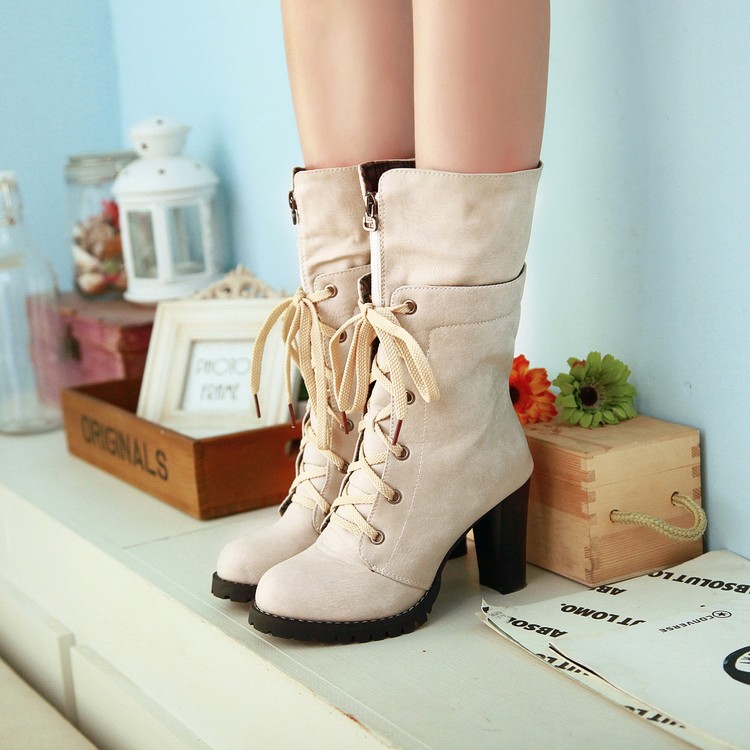 Classy Lace Up Front Zip Chunky Heel Fashion Boots on Luulla