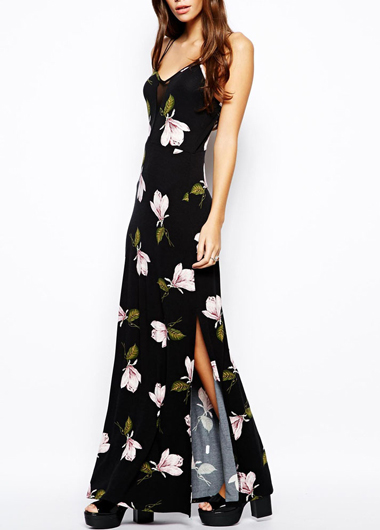 Gorgeous Black Floral Print Side Slit Long Dress on Luulla