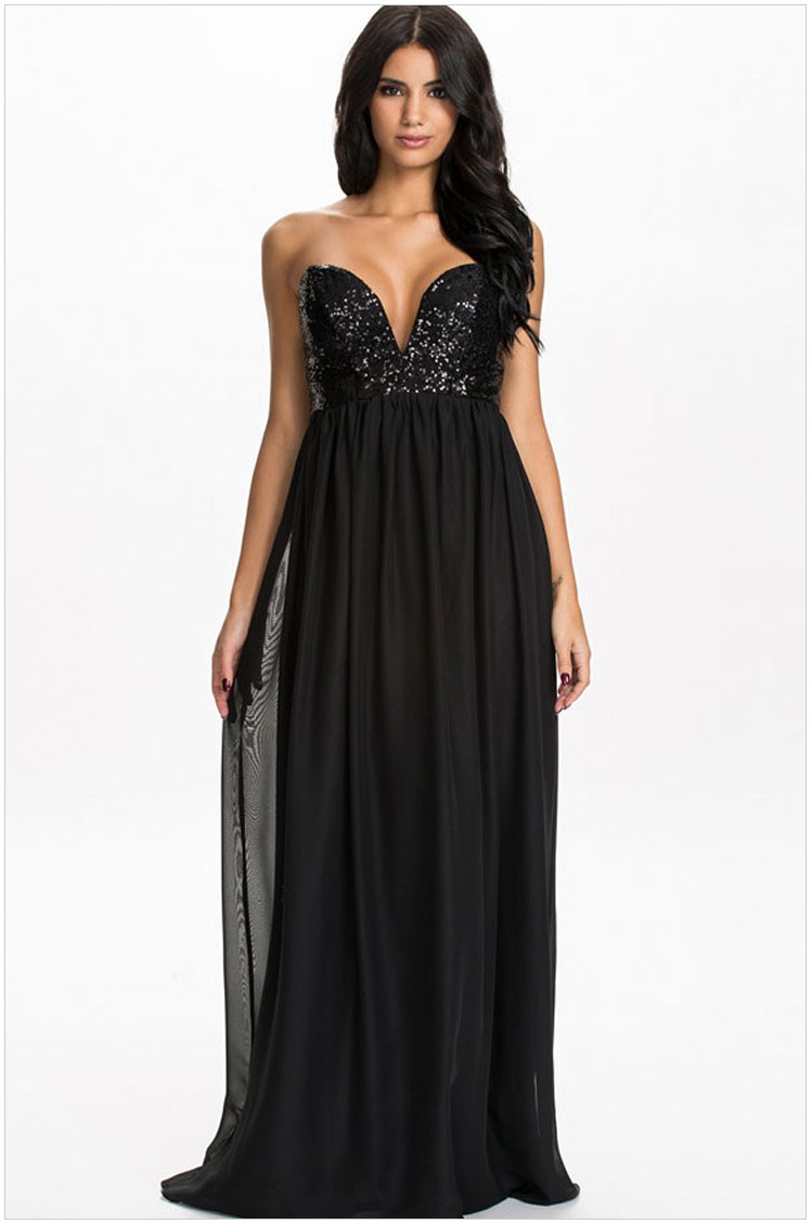 V Neck Off Shoulder Long Black Chiffon Dress on Luulla