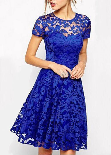 Royal Blue Short Sleeve Lace Dress on Luulla