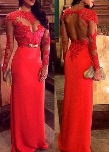 long sleeve red lace gown