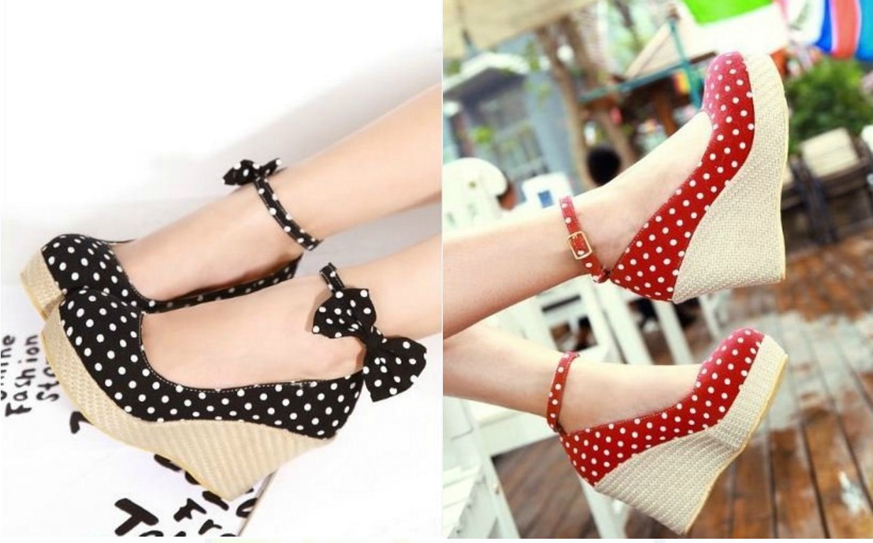 Polka Dot Wedges Heels With Bow Accent Ankle Straps on Luulla