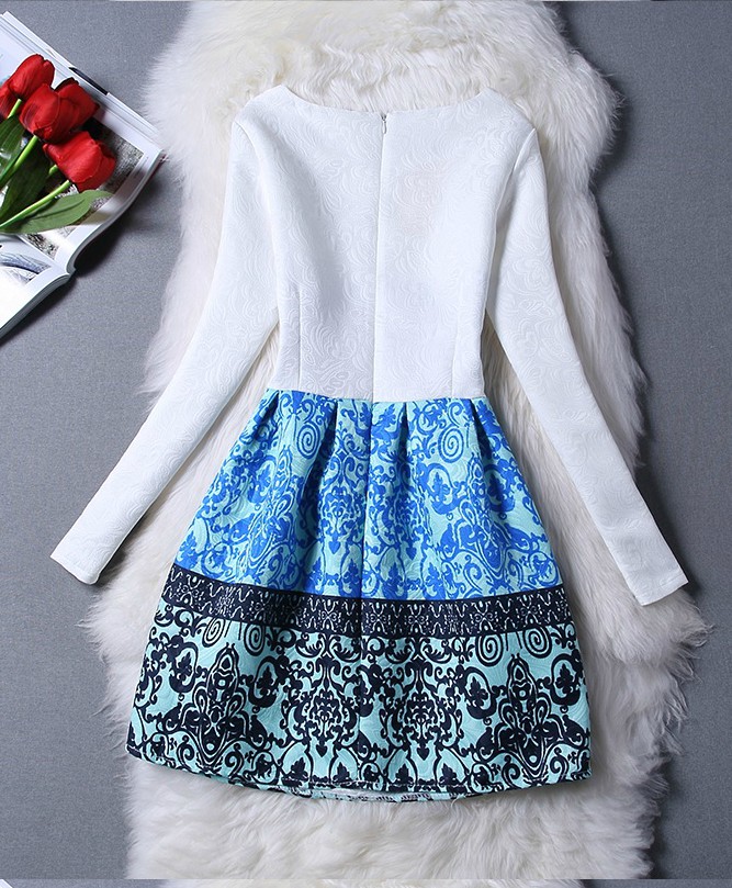 Blue Vintage Style Long Sleeve Print Dress on Luulla